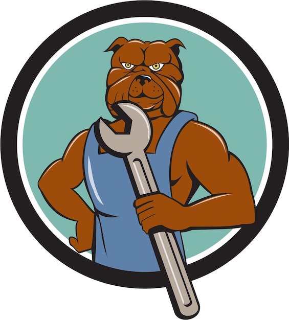 Bulldog Mechanic Holding Wrench Circle Cartoon