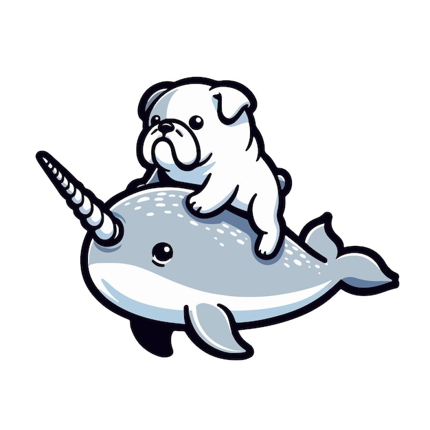 Bulldog riding Narwhal illustration Vector