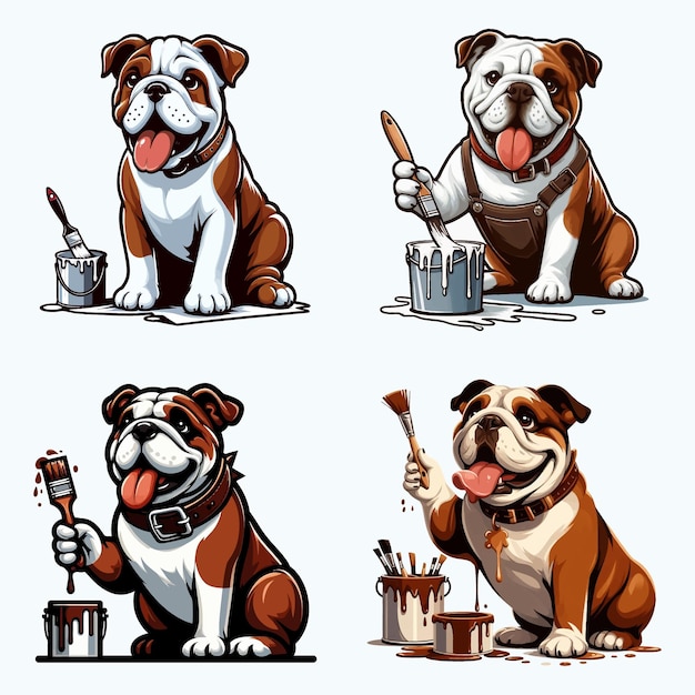 Bulldog With Painting Brushes Vector Set