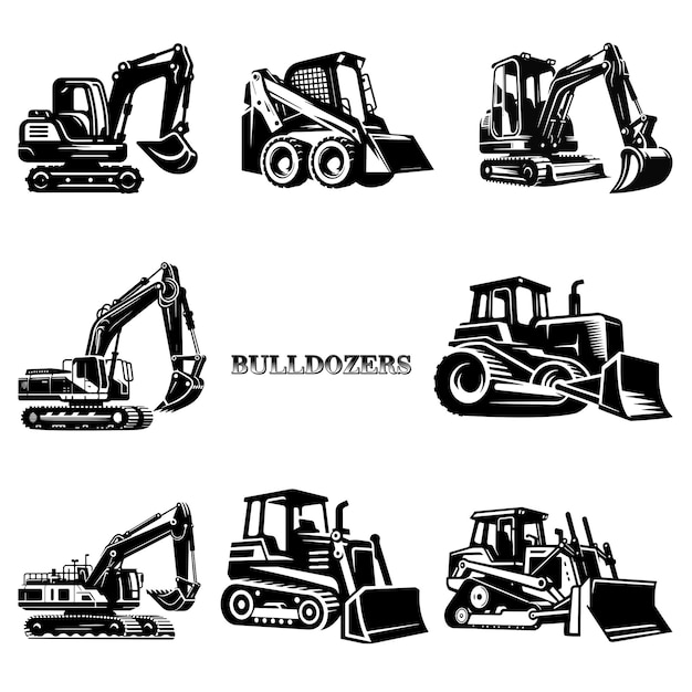 Bulldozer silhouette vector illustrations set