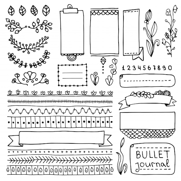 Bullet journal hand drawn elements for notebook, diary and planner. Doodle banners isolated on white background. Notes, list, frames, dividers, ribbons.