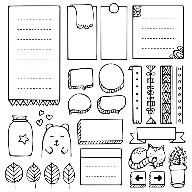 Vector bullet journal hand drawn vector elements for notebook, diary and planner. doodle frames set isolated.