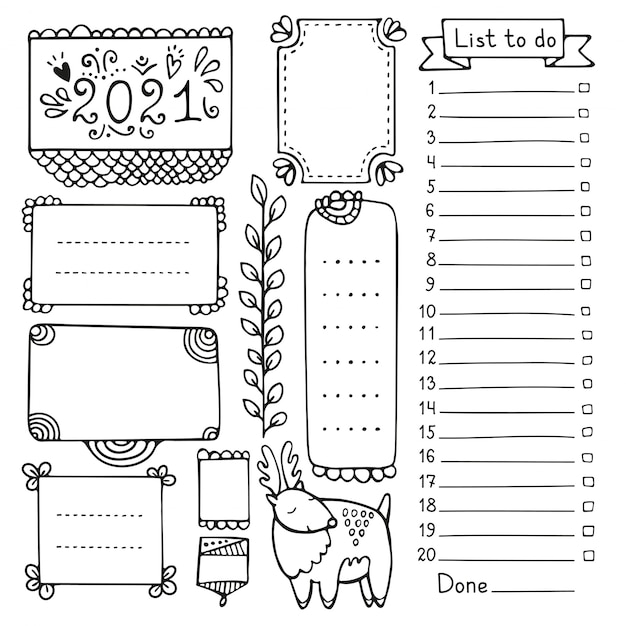 Bullet journal hand drawn vector elements for notebook, diary and planner.