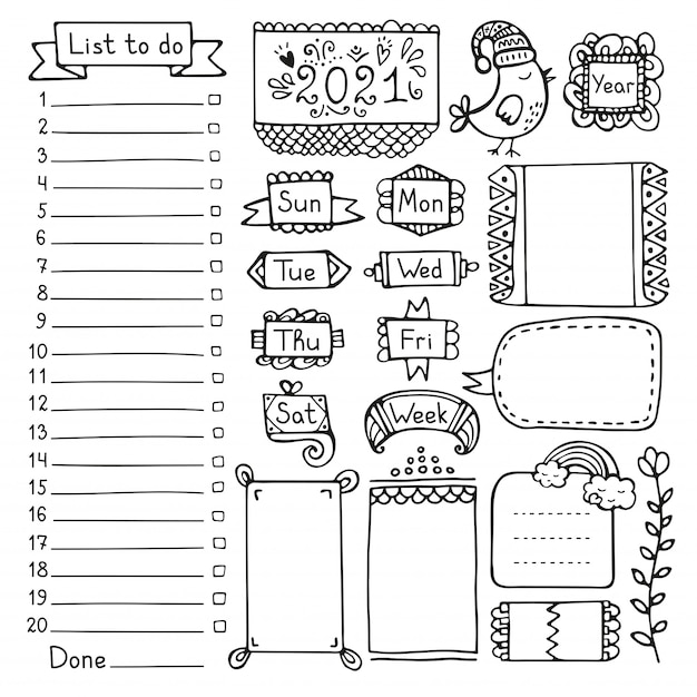 Bullet journal hand drawn vector elements for notebook, diary and planner.