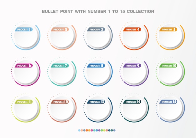 Bullet with number collection. Numbers from 1 to 15. Infographic buttons and points.