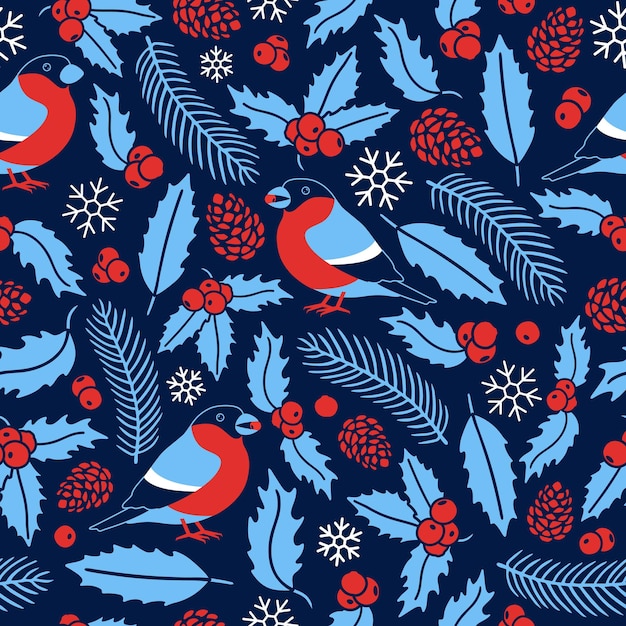 Bullfinch and winter plants seamless christmas pattern Winter ornament with holly leaves fir cone