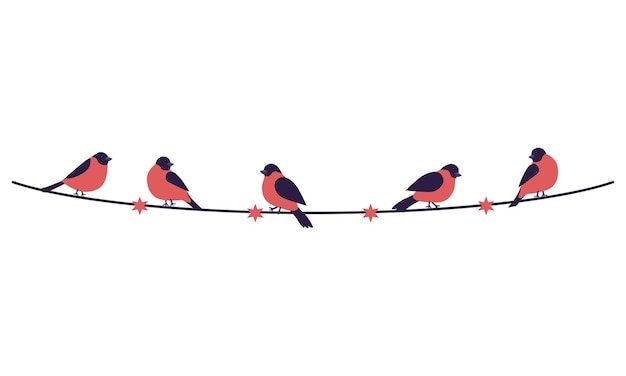 Bullfinches sit on a garland