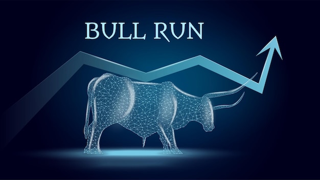 Bullish trend with a polygonal bull and an upward arrow on dark blue background Bull run on the stock exchange Bullish support Vector illustration