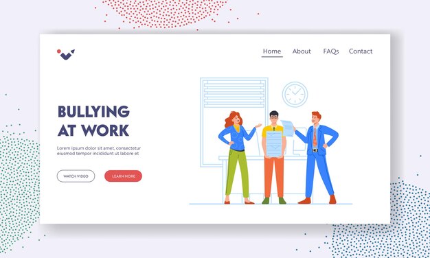 Bullying at Work Landing Page Template Victim Male Character with Stack of Paper Documents in Office