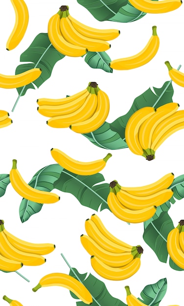 Bunch banana seamless pattern with banana leaves