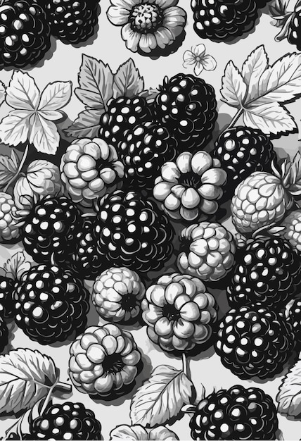 a bunch of black and white berries with black berries on them