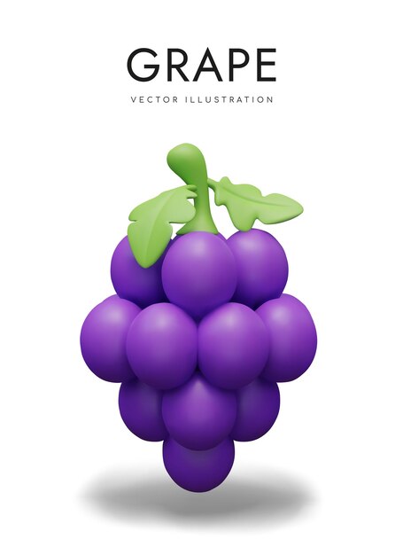 Vector bunch of blue grapes in vertical position 3d illustration in children style