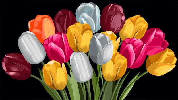 Vector a bunch of colorful tulips with a black background