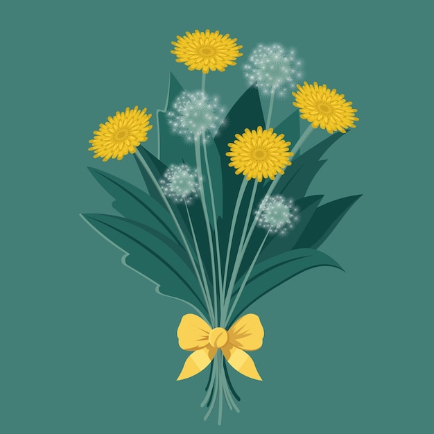 Bunch of Dandelion Floral Tied With Yellow Bow Ribbon On Teal Green Background