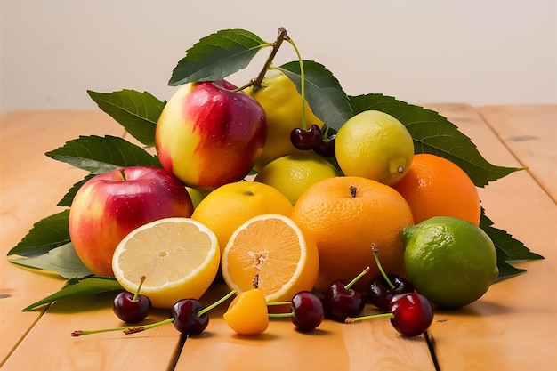 a bunch of fruits including cherries cherries and oranges are on a table