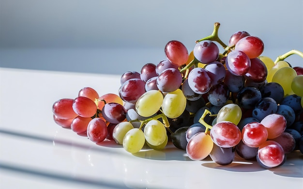 a bunch of grapes are on a white plate with a bunch of grapes