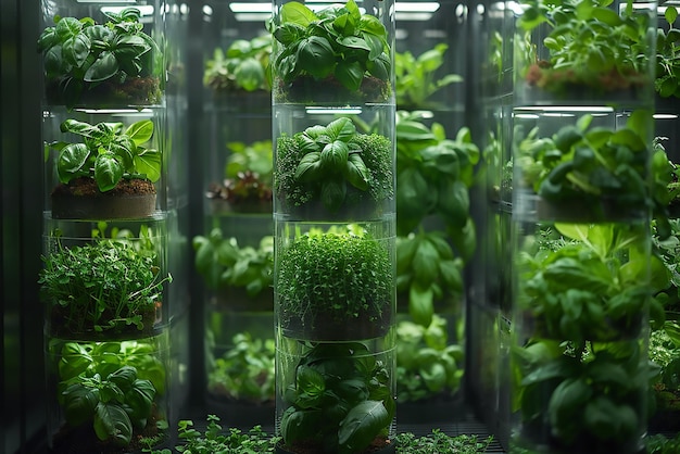 a bunch of green basil plants are in a glass container