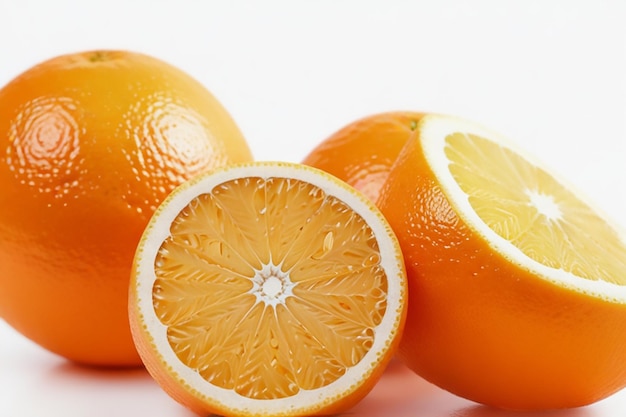 a bunch of oranges with a white background and one of them has a lemon cut in half