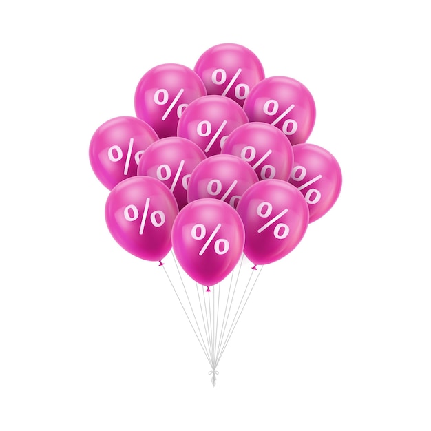 Bunch of pink balloons discount with percent sign Decorative symbol for the store opening promotions sales print material Ad company in retail theme Vector isolated on white background