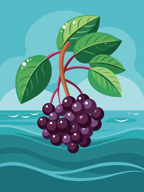 Vector a bunch of purple berries with green leaves hanging over wavy water