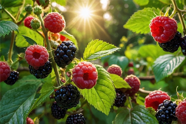 Vector a bunch of raspberries with the sun shining through them