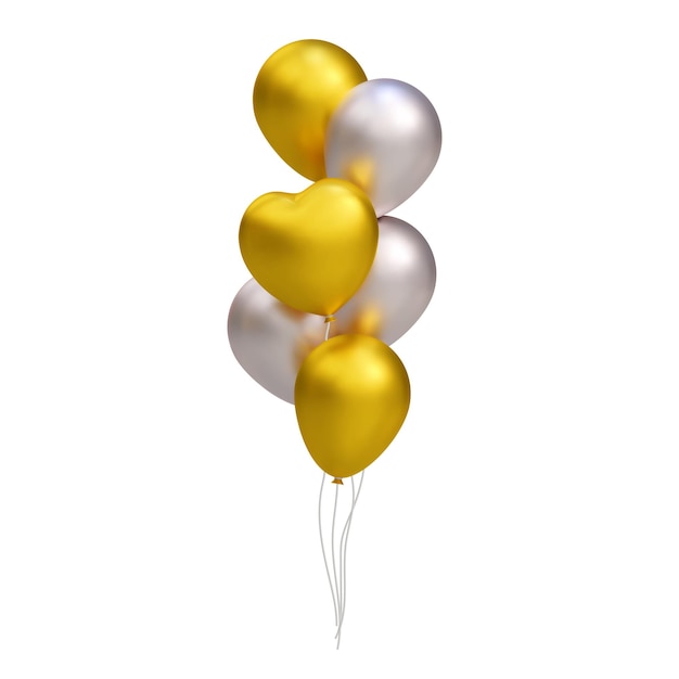 Bunch of realistic 3D golden silver balloons heart shape Vector illustration decoration party banner