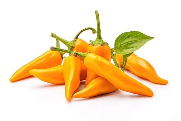 a bunch of yellow and orange peppers with green leaves on them