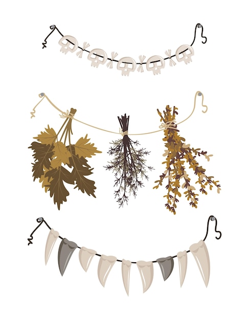 Bunches of dry grass hang from a rope and beads with fangs and skulls