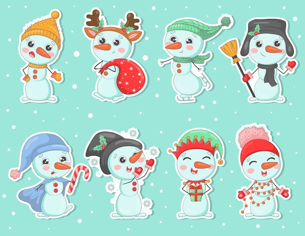 Bundle of cute cartoon snowmens stickers in knitted hats and scarves with Christmas gifts snowflakes holly dressed as New Year characters