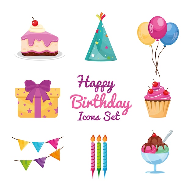 Bundle of eight party birthday set icons and lettering