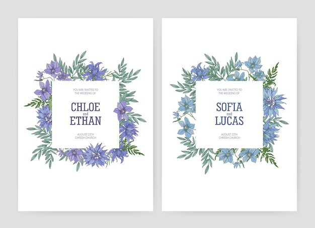 Vector bundle of elegant floral wedding invitations with beautiful blooming nigella and clematis flowers and place for text