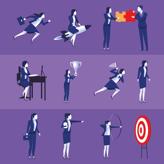 Bundle of eleven elegant business people workers and target  illustration 