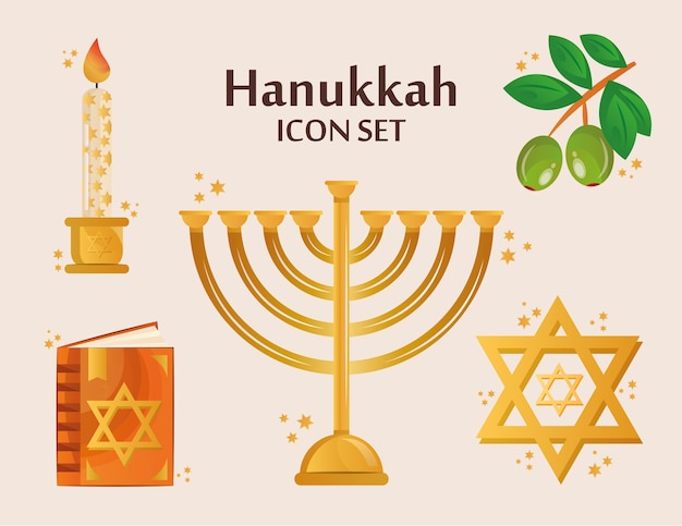 Bundle of five hanukkah set icons and lettering.