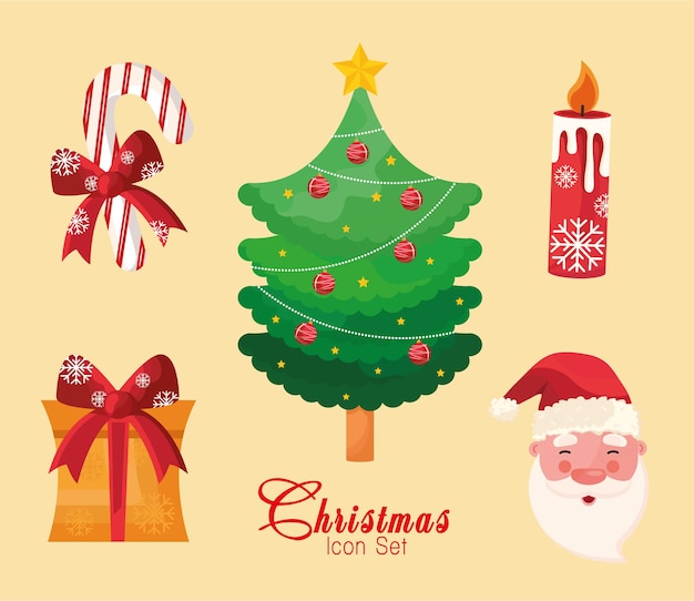 Bundle of five happy merry christmas icons and lettering