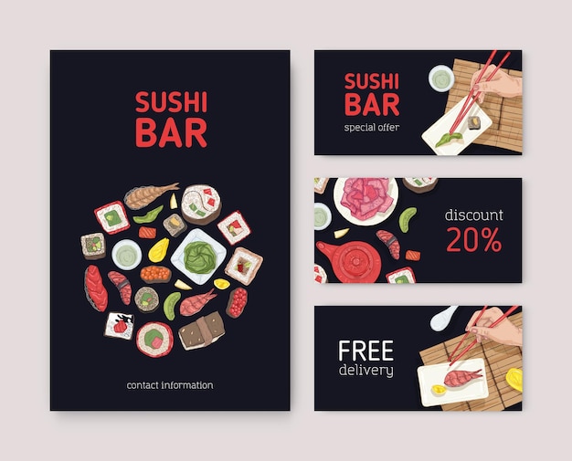 Vector bundle of flyers, web banners or coupons for japanese restaurant with hands holding sushi, sashimi and rolls with chopsticks on black background. vector illustration for asian food delivery service.