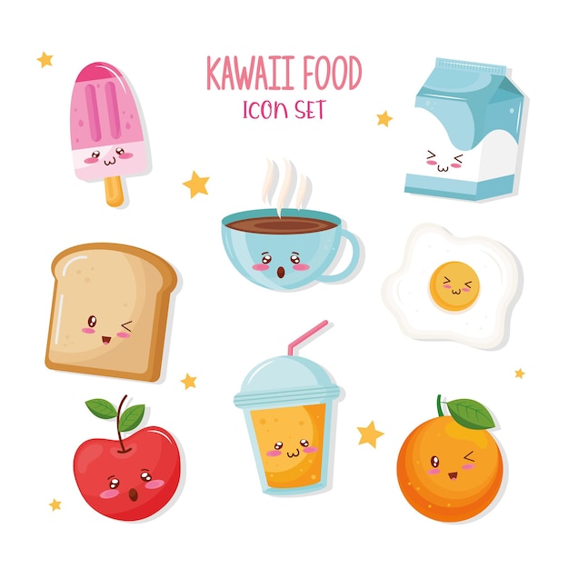 Bundle of food kawaii characters and lettering