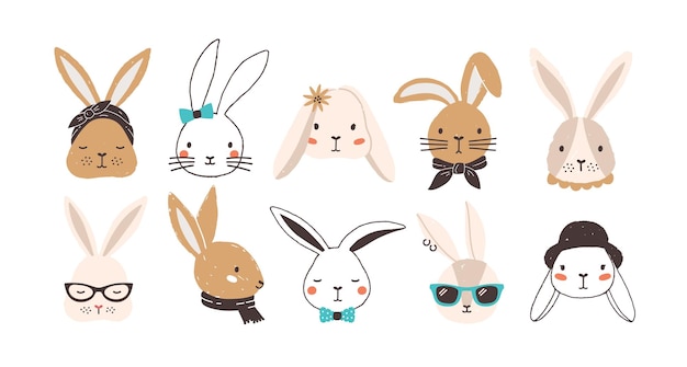 Bundle of funny bunny faces isolated on white background. Set of cute rabbits or hares wearing glasses, sunglasses, hat, scarf, headscarf, bow tie, collar. Flat cartoon colorful vector illustration