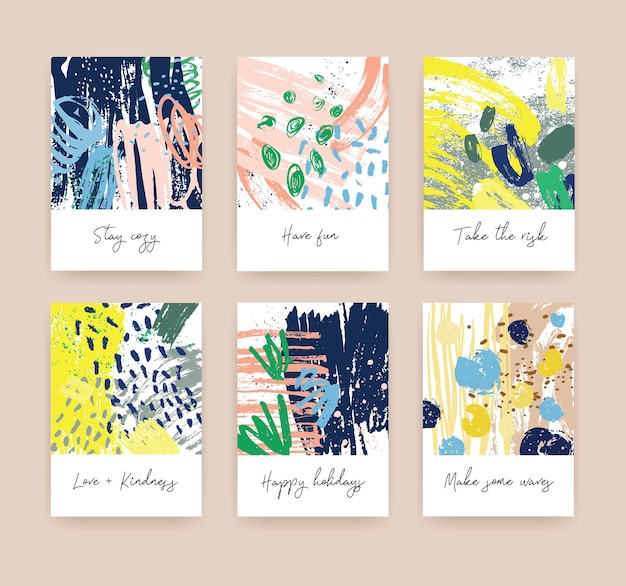 Vector bundle of greeting card or postcard templates with handwritten wishes and abstract hand drawn textures