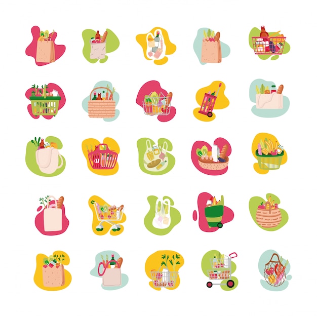 Bundle of groceries set icons