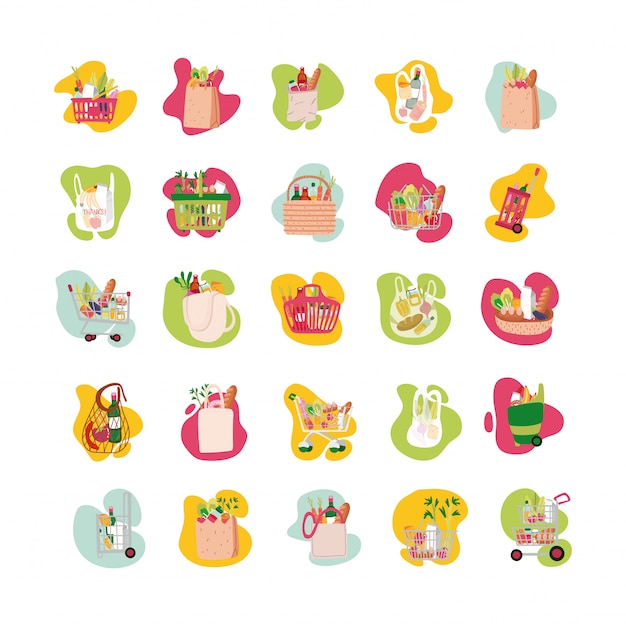 Bundle of groceries set icons