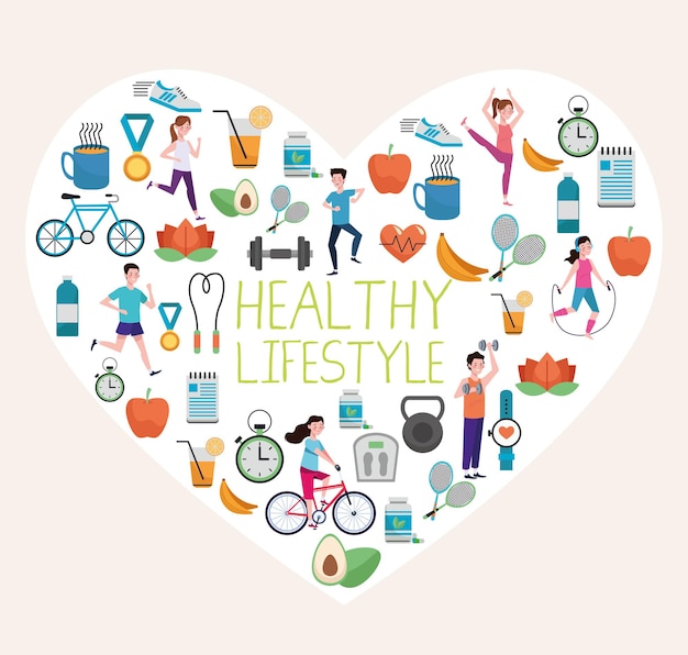 bundle of healthy lifestyle elements set in heart