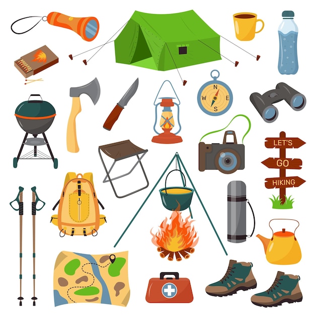 Bundle hiking. Big set of items for camping, trekking, tourism and travel. Tourist camp tools.