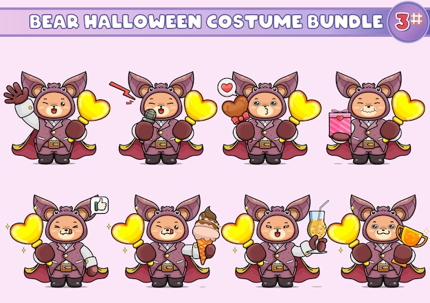 A bundle of illustrations of cute bears in vampire bat costume, holding a love gold and other thing