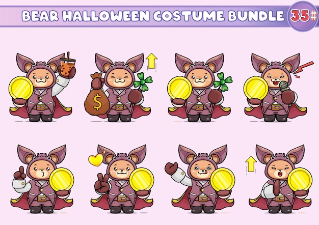 A bundle of illustrations of cute bears in vampire bat costumes, holding a big gold coin and other