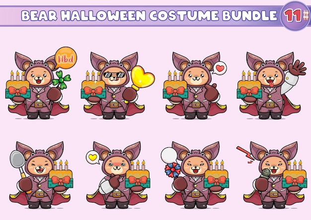 A bundle of illustrations of cute bears in vampire bat costumes, holding a cheesecake and other