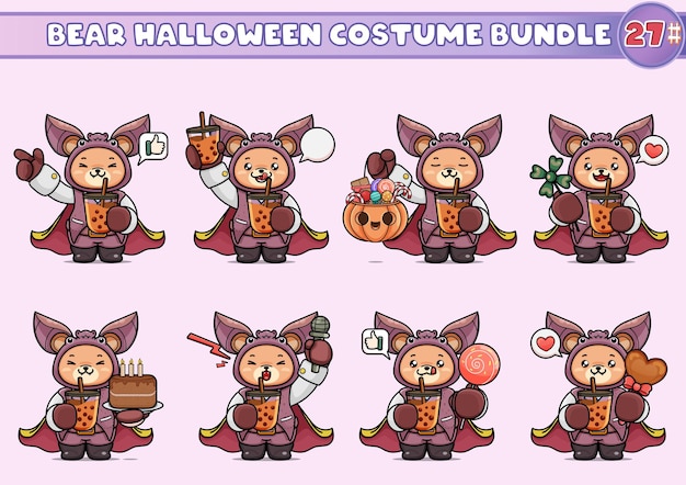 A bundle of illustrations of cute bears in vampire bat costumes, holding a chocolate boba tea