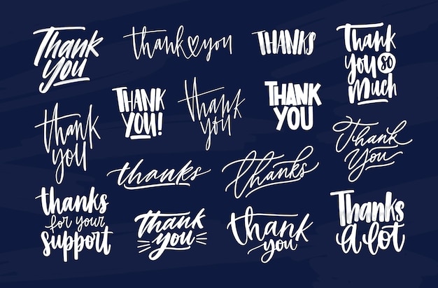 Bundle of modern Thank You inscriptions or gratitude phrases written with various decorative calligraphic fonts. Set of lettering decorated with cute elements. Hand drawn vector illustration.