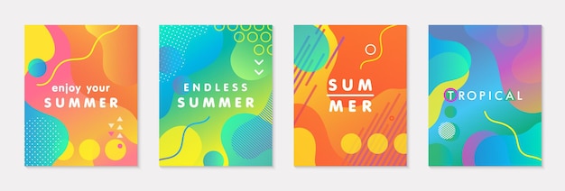 Bundle of modern vector summer posters with bright gradient background,shapes and geometric elements.Trendy abstract design perfect for prints,social media,banners,invitations,branding design,covers