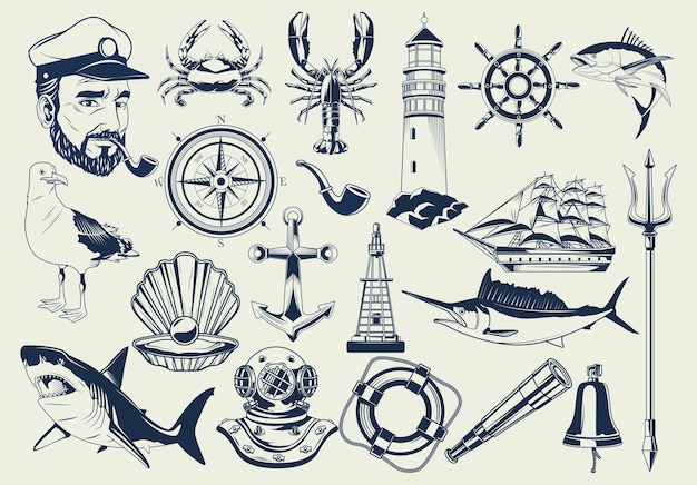 Bundle of nautical elements set icons pattern  illustration 