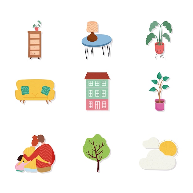 Bundle of nine family members and set icons  illustration